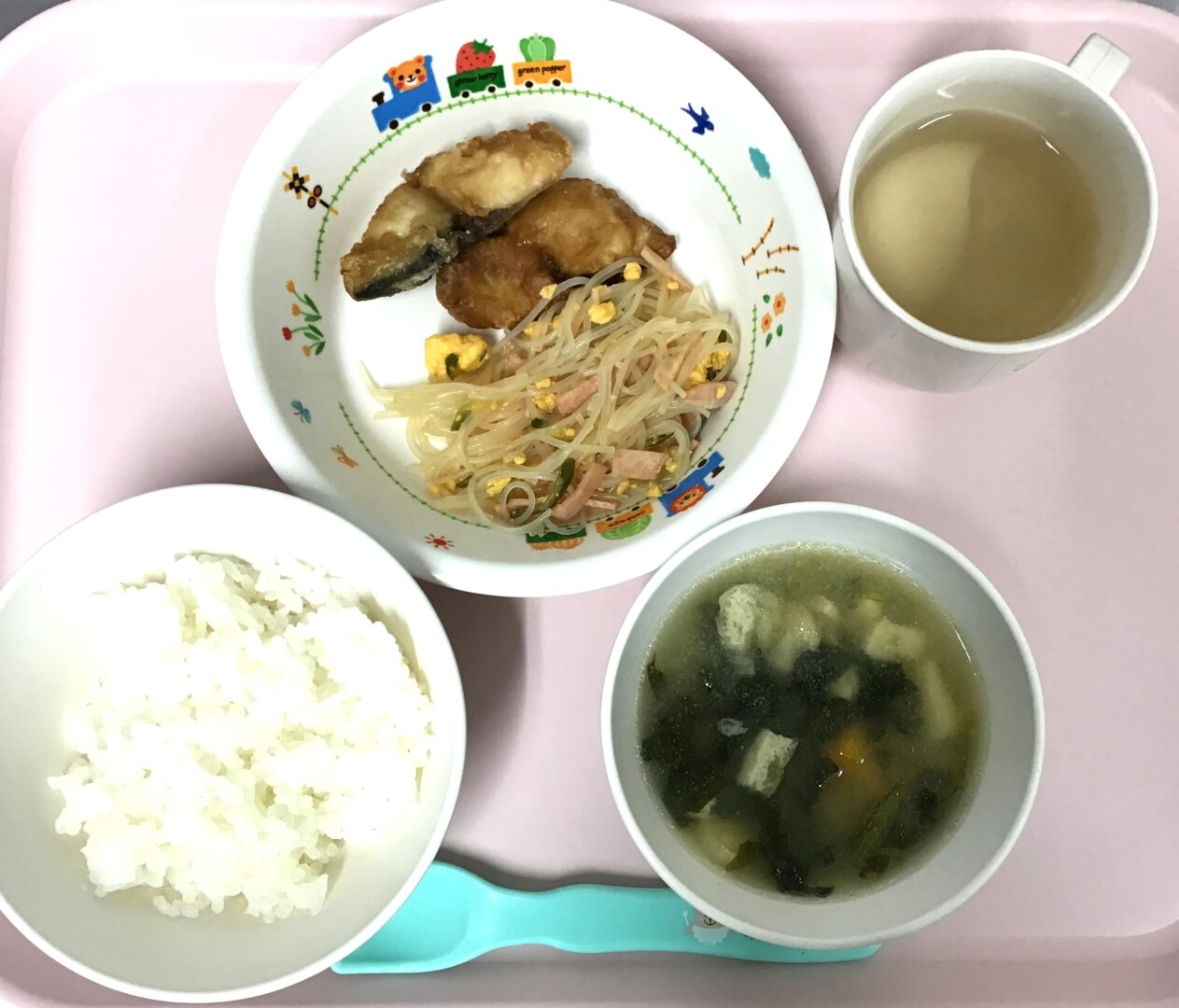 ごはん、サバのたつたあげ、はるさめとたまごのすのもの、かぼちゃのみそしる